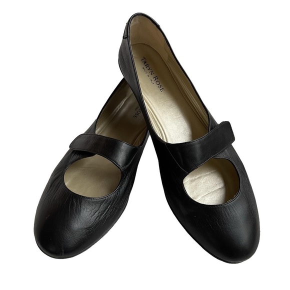 Taryn Rose Black Leather Mary Jane Ballet Flats Loafer Wedge Heel Velcro Strap - Picture 1 of 12